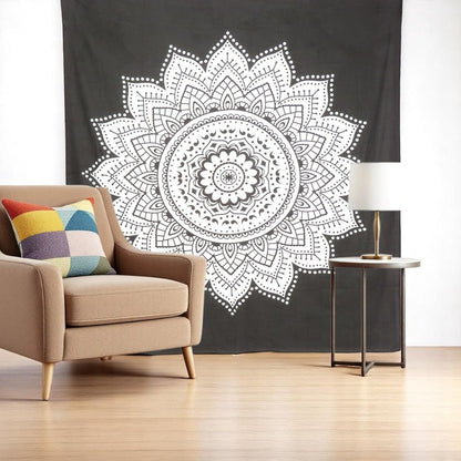 92" X 84" Black And White Mandala Cotton Hanging Tapestry