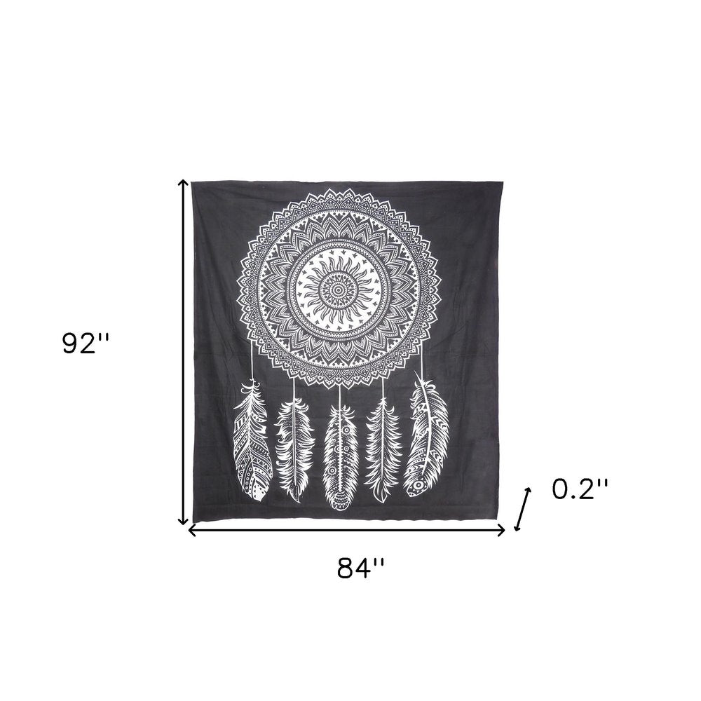 92" X 84" Black And White Abstract Cotton Hanging Tapestry