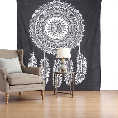 92" X 84" Black And White Abstract Cotton Hanging Tapestry