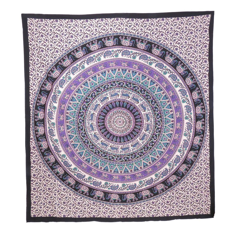 92" X 84" Purple Black And White Mandala Cotton Hanging Tapestry