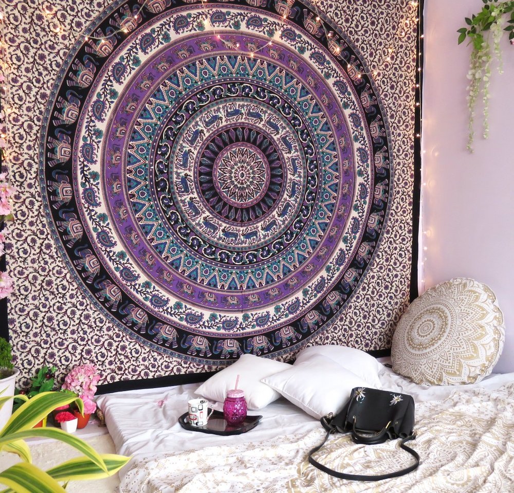 92" X 84" Purple Black And White Mandala Cotton Hanging Tapestry