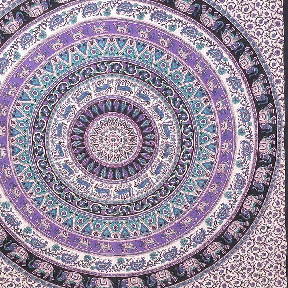 92" X 84" Purple Black And White Mandala Cotton Hanging Tapestry