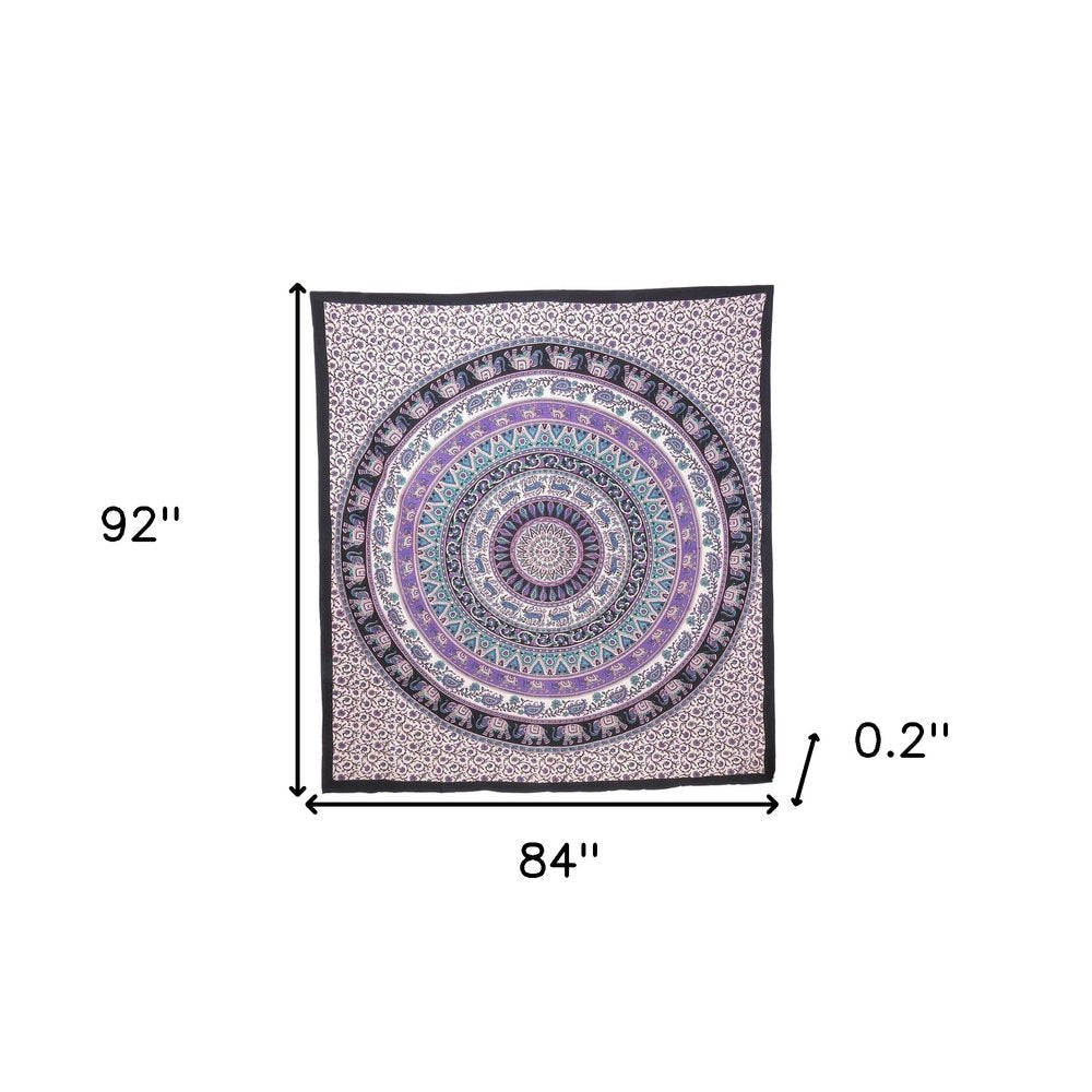 92" X 84" Purple Black And White Mandala Cotton Hanging Tapestry