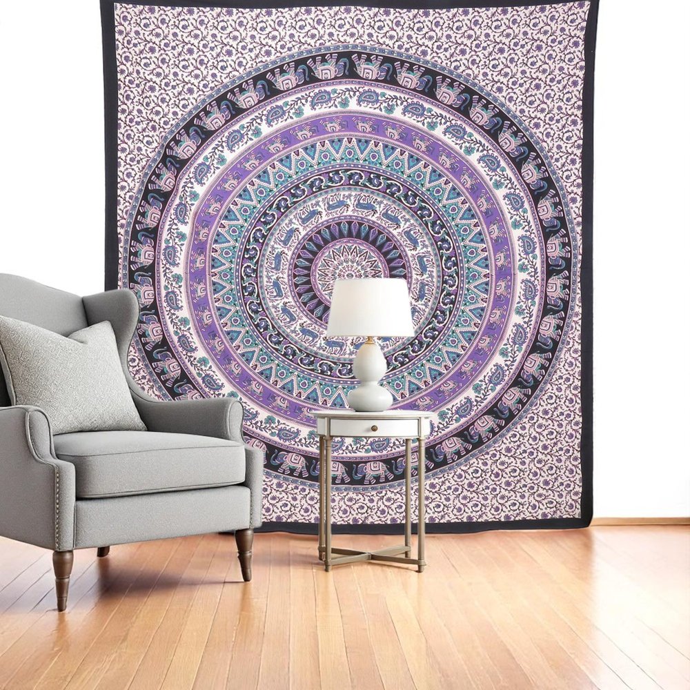 92" X 84" Purple Black And White Mandala Cotton Hanging Tapestry