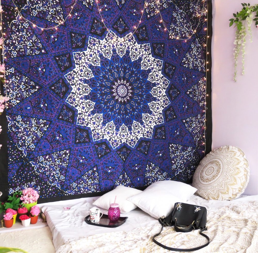 92" X 84" Purple Black And White Mandala Cotton Hanging Tapestry