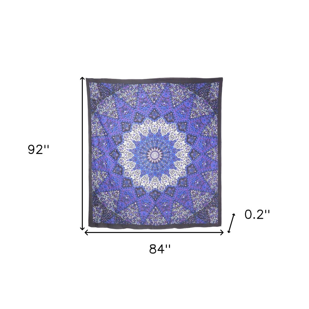 92" X 84" Purple Black And White Mandala Cotton Hanging Tapestry