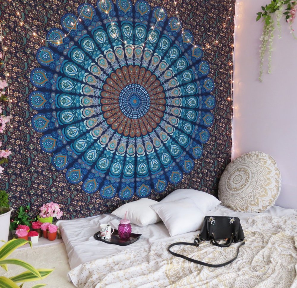 92" X 84" Navy Blue Ivory And Brown Mandala Cotton Hanging Tapestry