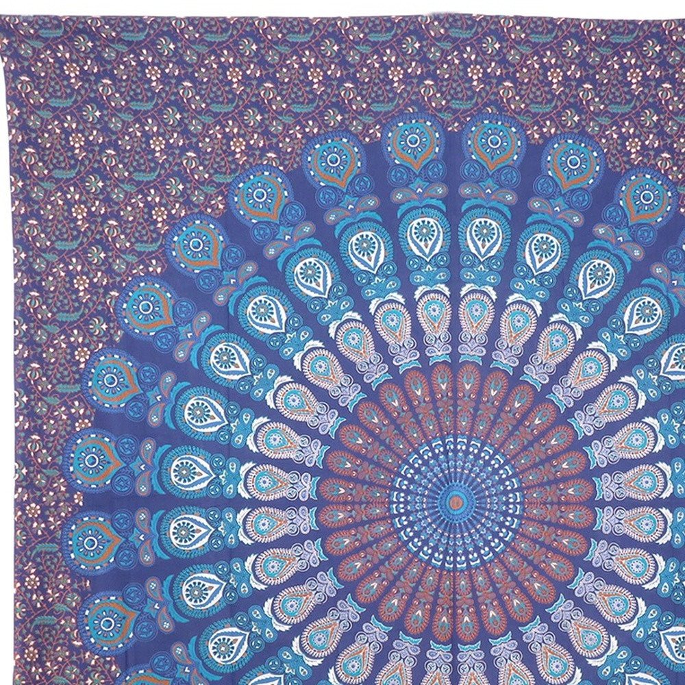 92" X 84" Navy Blue Ivory And Brown Mandala Cotton Hanging Tapestry