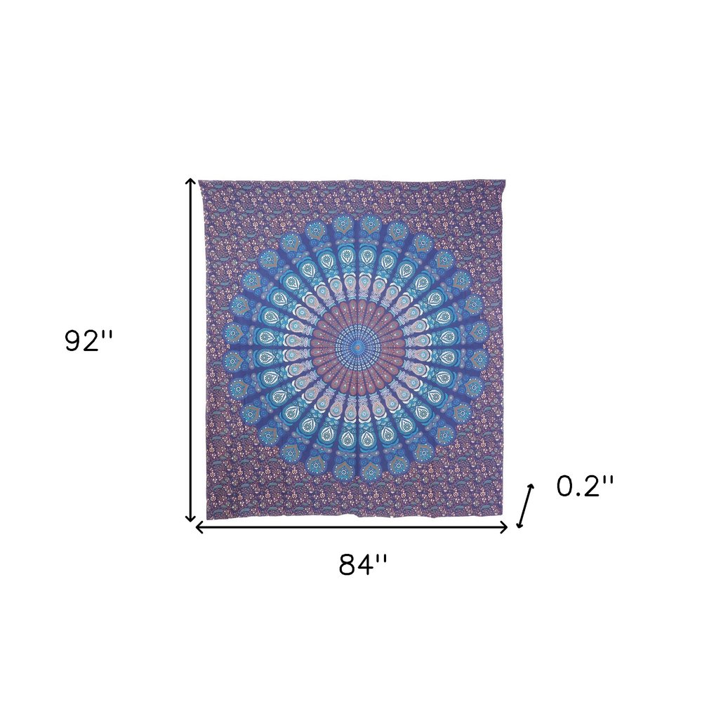 92" X 84" Navy Blue Ivory And Brown Mandala Cotton Hanging Tapestry