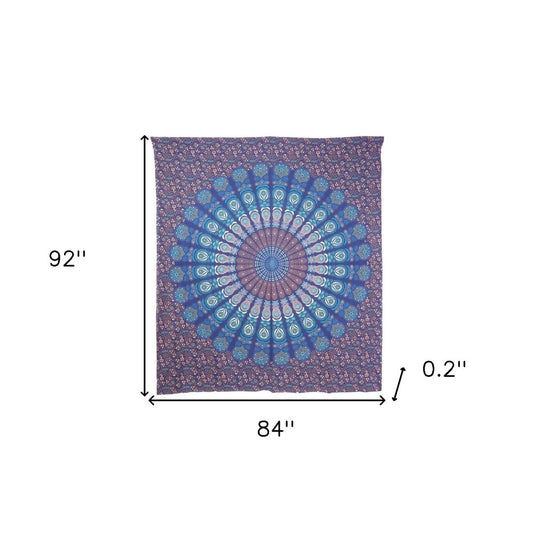 92" X 84" Navy Blue Ivory And Brown Mandala Cotton Hanging Tapestry