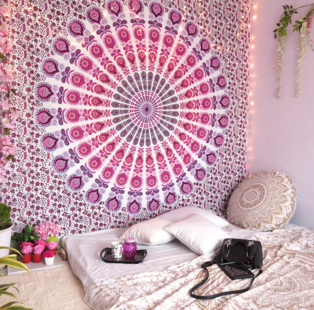 92" X 84" Pink White And Red Mandala Cotton Hanging Tapestry