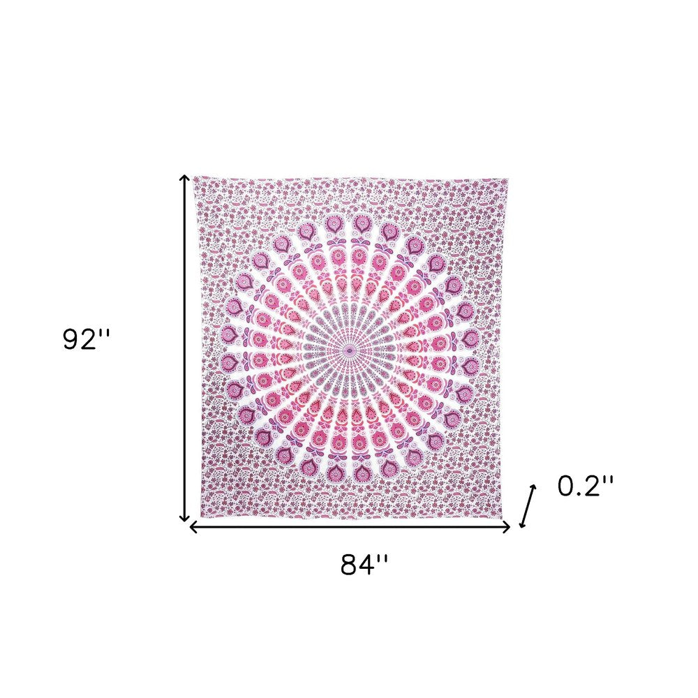 92" X 84" Pink White And Red Mandala Cotton Hanging Tapestry