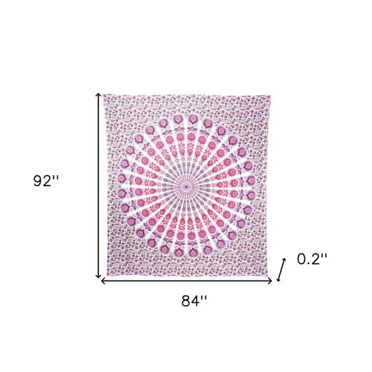 92" X 84" Pink White And Red Mandala Cotton Hanging Tapestry