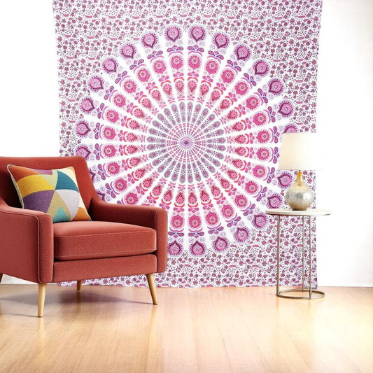 92" X 84" Pink White And Red Mandala Cotton Hanging Tapestry