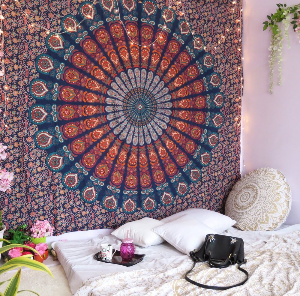 92" X 84" Orange Purple And Blue Mandala Cotton Hanging Tapestry