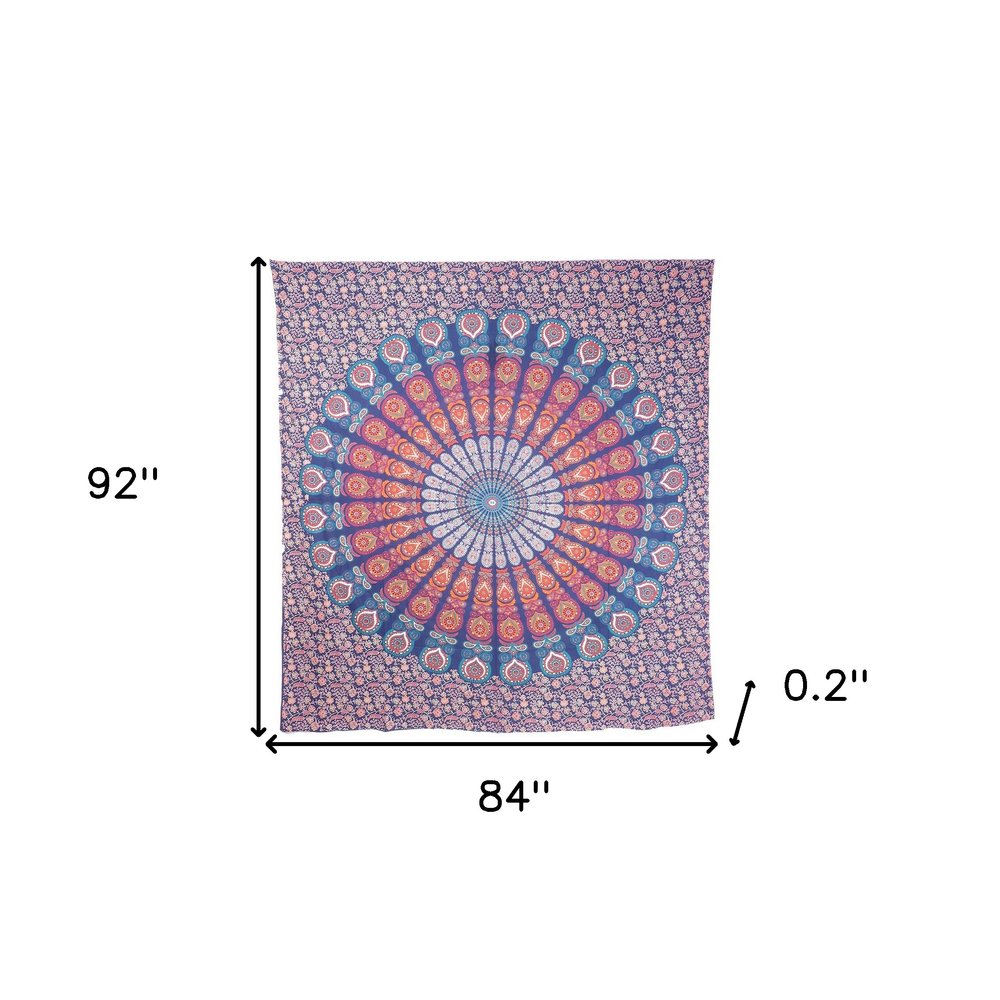 92" X 84" Orange Purple And Blue Mandala Cotton Hanging Tapestry