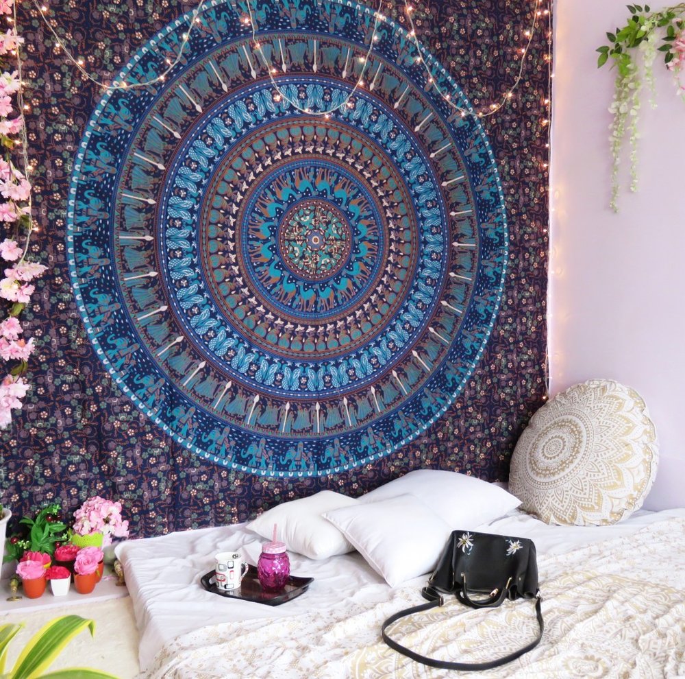 92" X 84" Sky Blue And Purple Mandala Cotton Hanging Tapestry