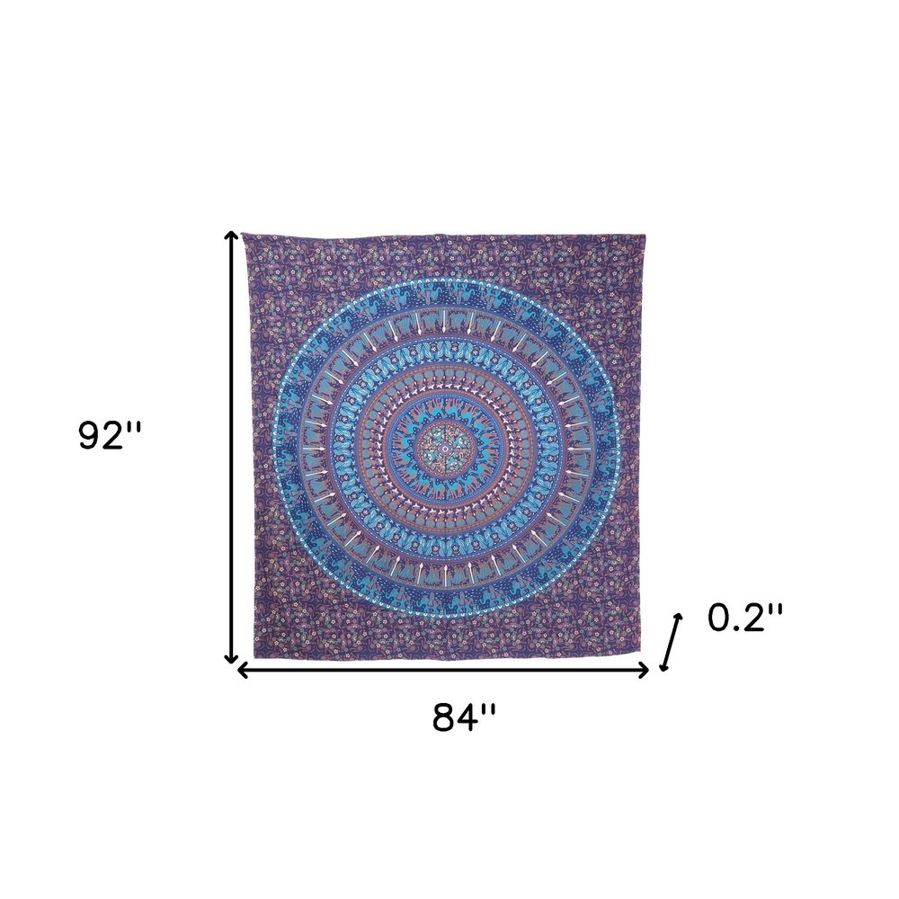 92" X 84" Sky Blue And Purple Mandala Cotton Hanging Tapestry
