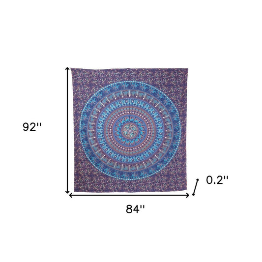 92" X 84" Sky Blue And Purple Mandala Cotton Hanging Tapestry