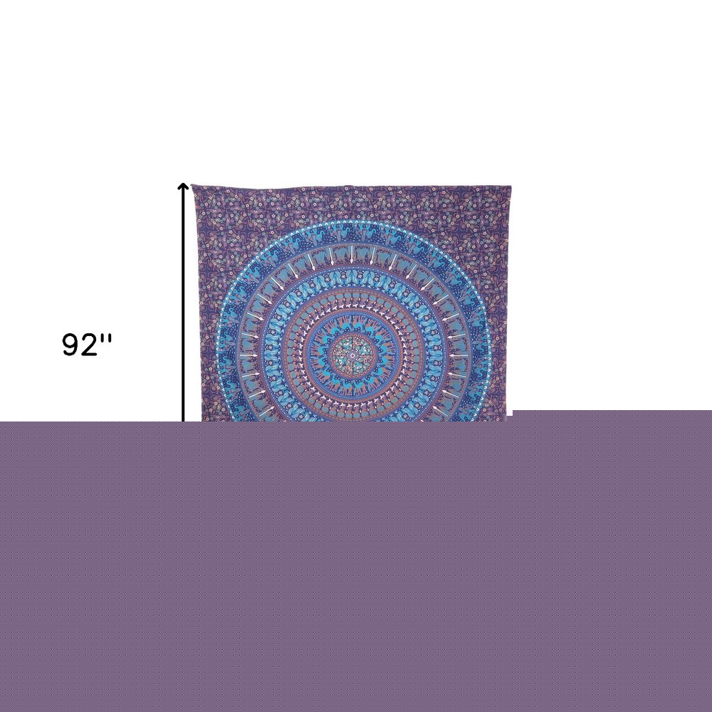 92" X 84" Sky Blue And Purple Mandala Cotton Hanging Tapestry