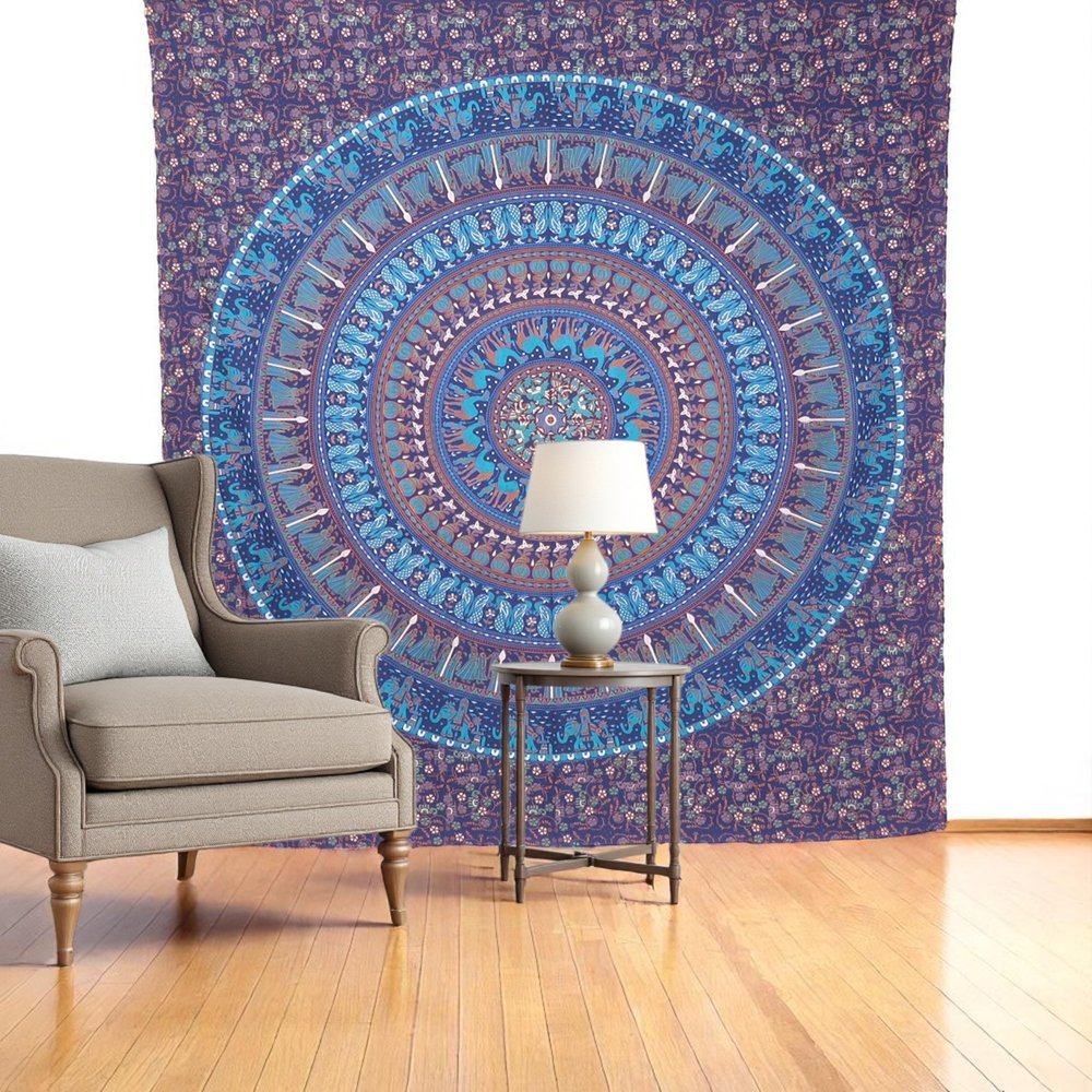 92" X 84" Sky Blue And Purple Mandala Cotton Hanging Tapestry