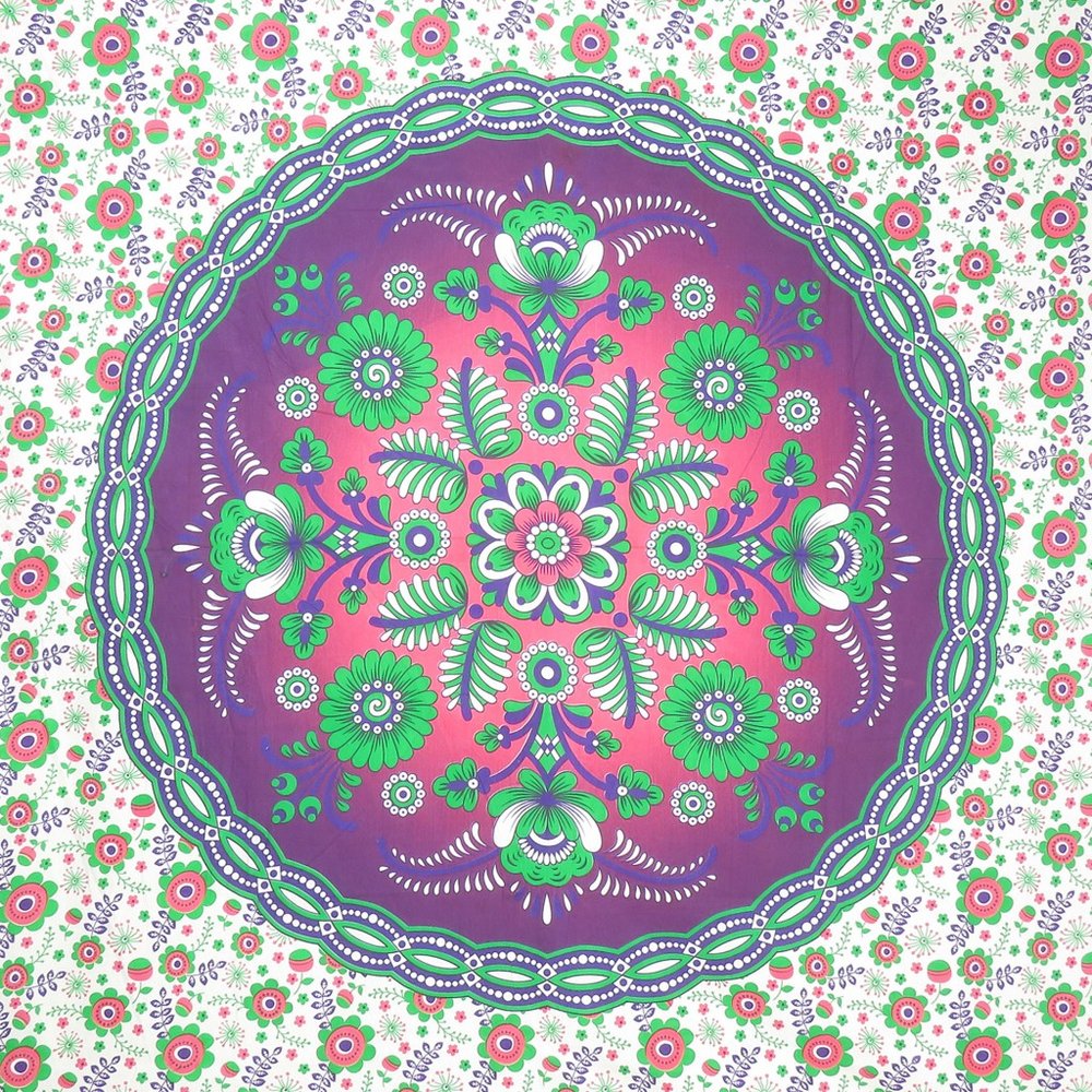 88" X 84" Green Purple And White Floral Cotton Hanging Tapestry