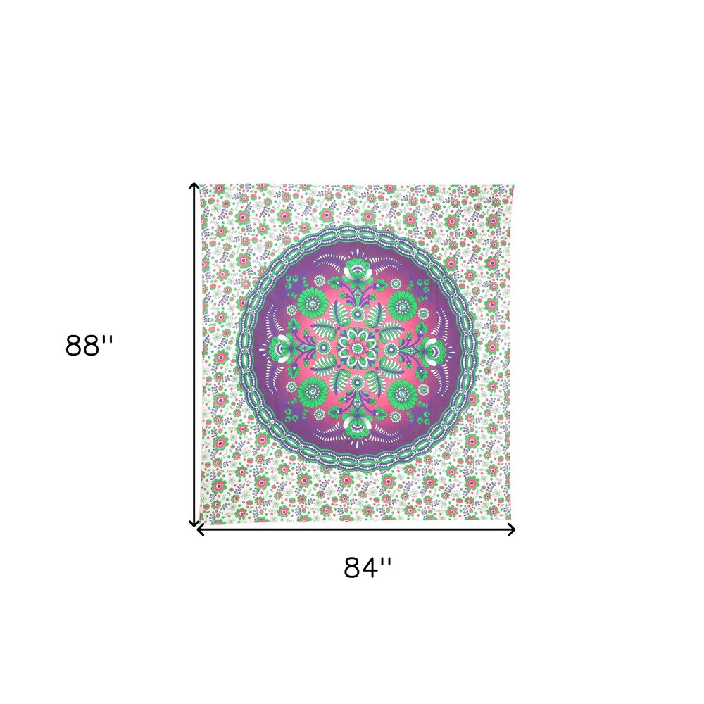 88" X 84" Green Purple And White Floral Cotton Hanging Tapestry