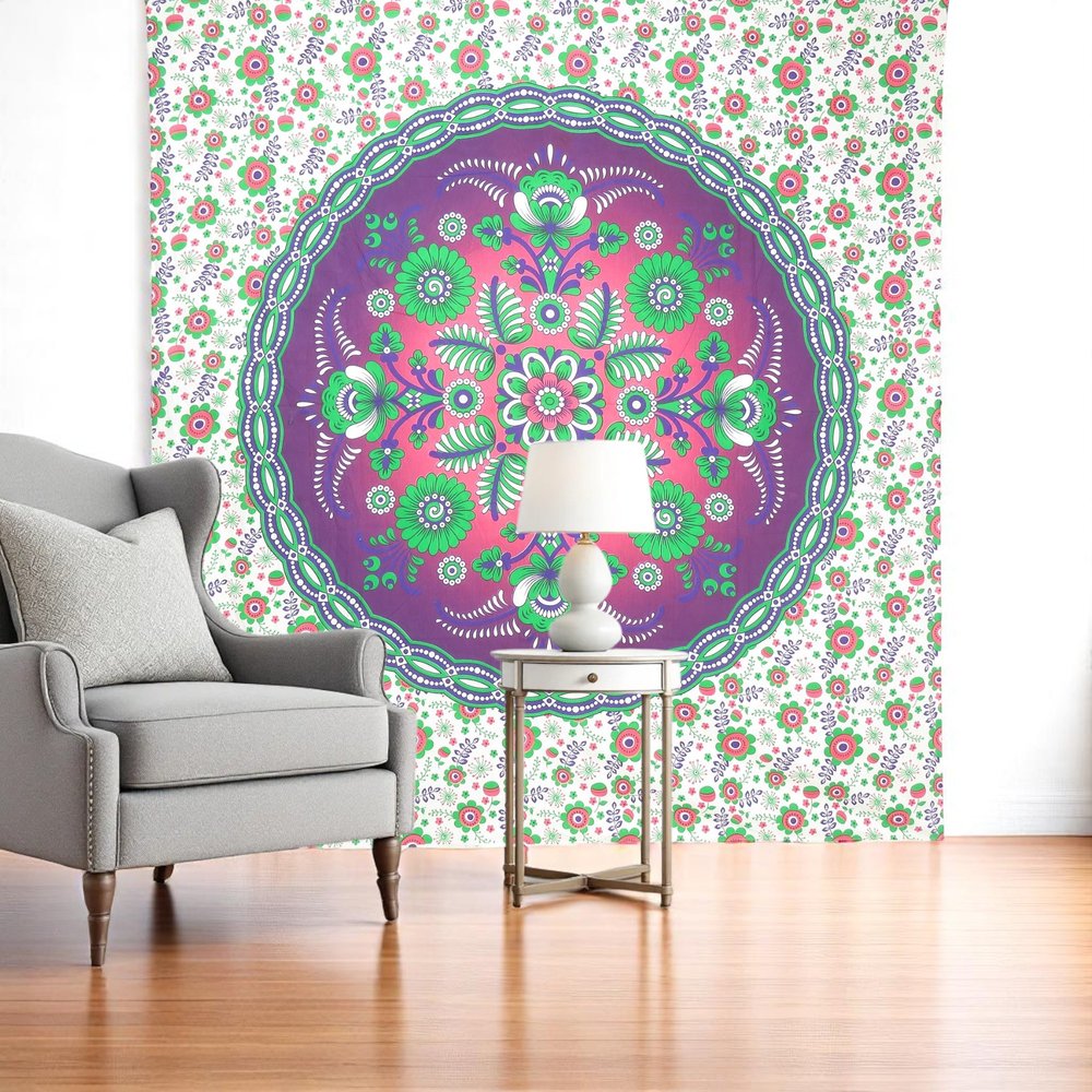 88" X 84" Green Purple And White Floral Cotton Hanging Tapestry
