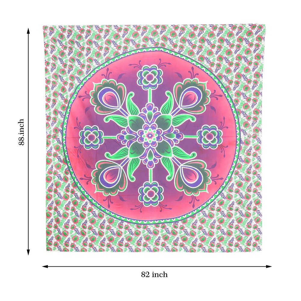 88" X 84" Green Pink And White Floral Cotton Hanging Tapestry