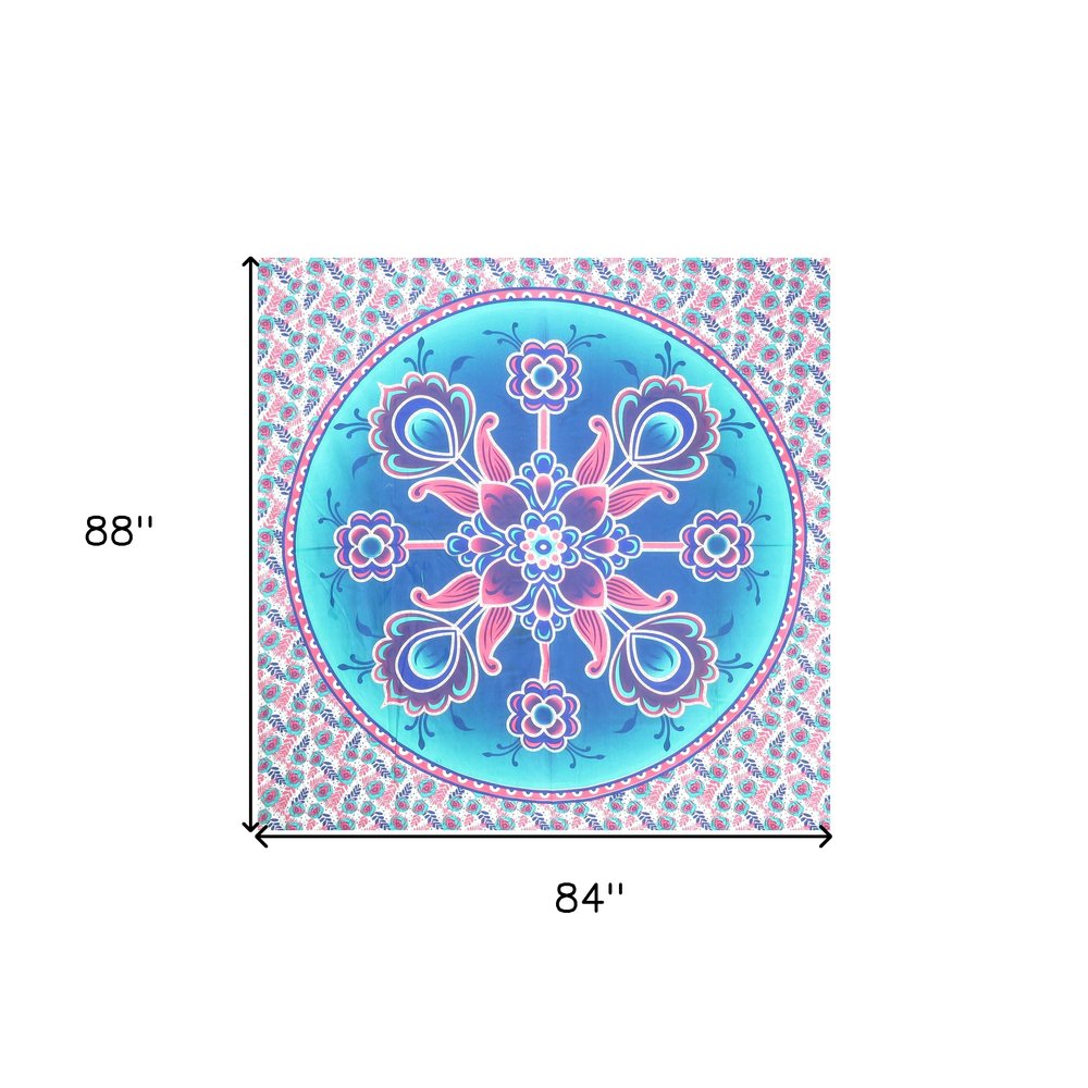 88" X 84" Pink Sky Blue And White Floral Cotton Hanging Tapestry