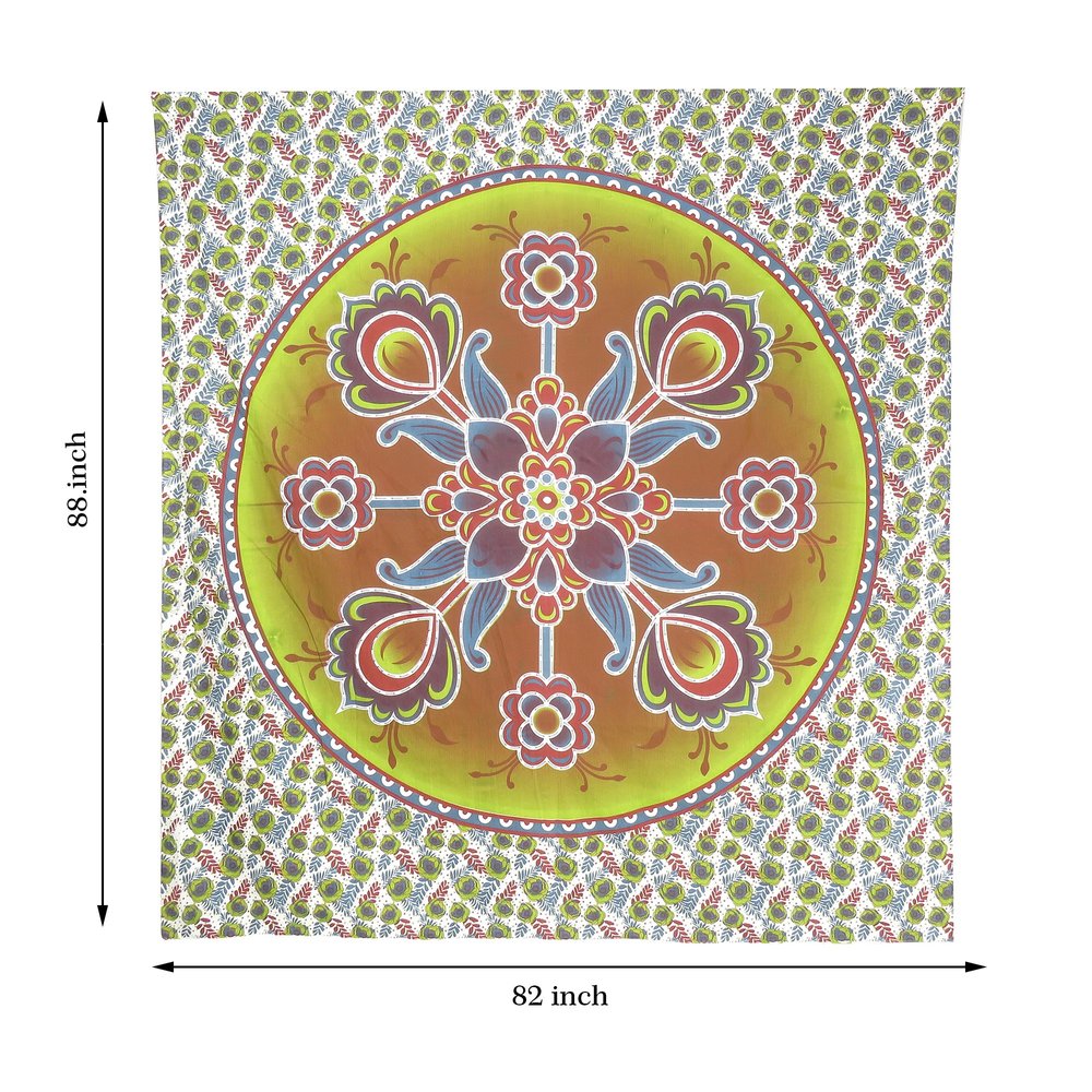 88" X 84" Green White And Yellow Floral Cotton Hanging Tapestry