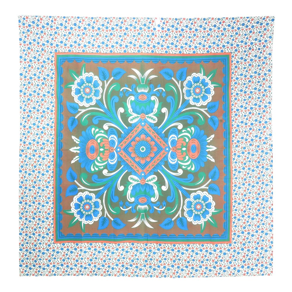 88" X 84" Brown Blue And White Floral Cotton Hanging Tapestry