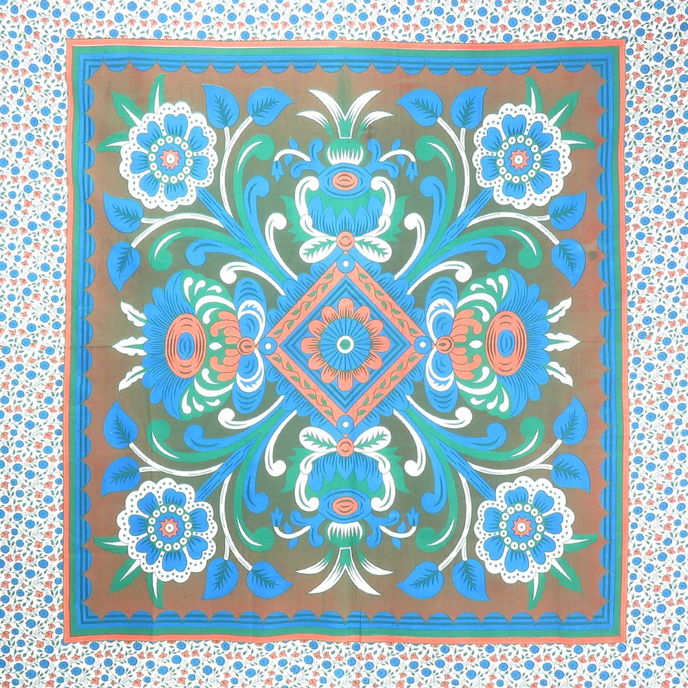 88" X 84" Brown Blue And White Floral Cotton Hanging Tapestry
