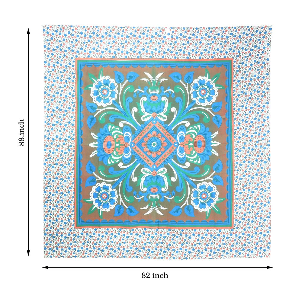 88" X 84" Brown Blue And White Floral Cotton Hanging Tapestry
