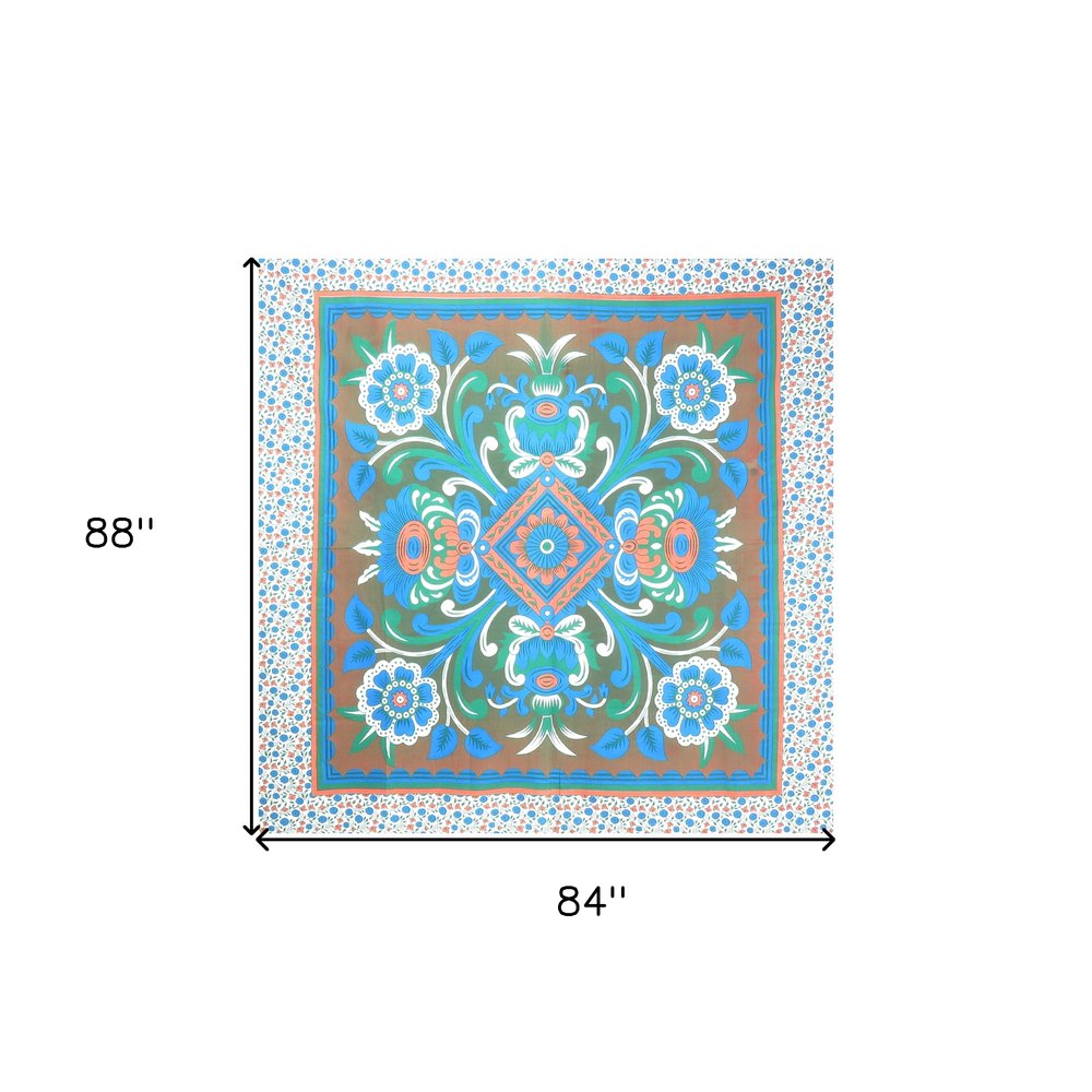 88" X 84" Brown Blue And White Floral Cotton Hanging Tapestry
