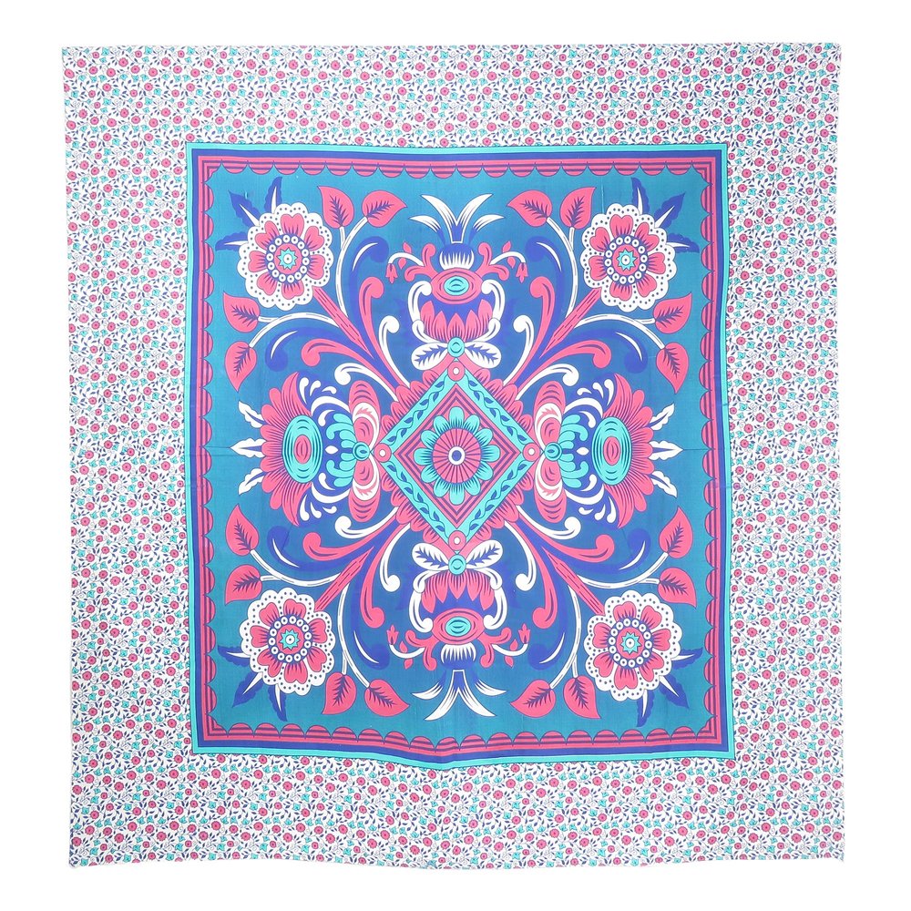 88" X 84" Blue Red And White Floral Cotton Hanging Tapestry