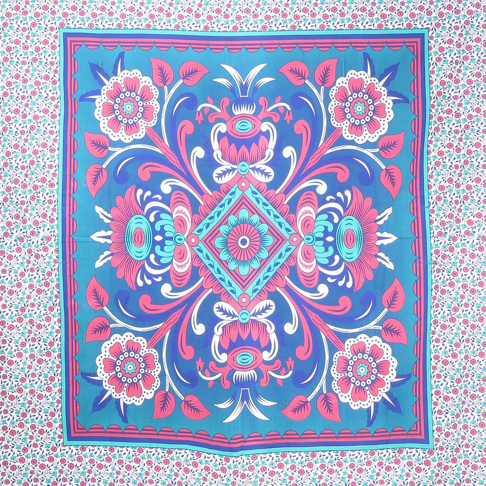 88" X 84" Blue Red And White Floral Cotton Hanging Tapestry