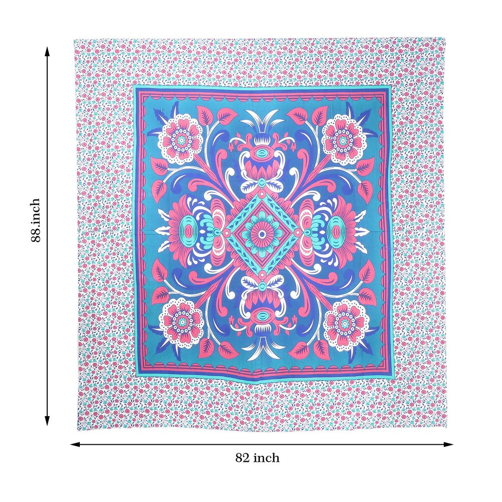 88" X 84" Blue Red And White Floral Cotton Hanging Tapestry