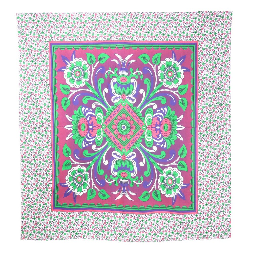 88" X 84" Pink Green And White Floral Cotton Hanging Tapestry