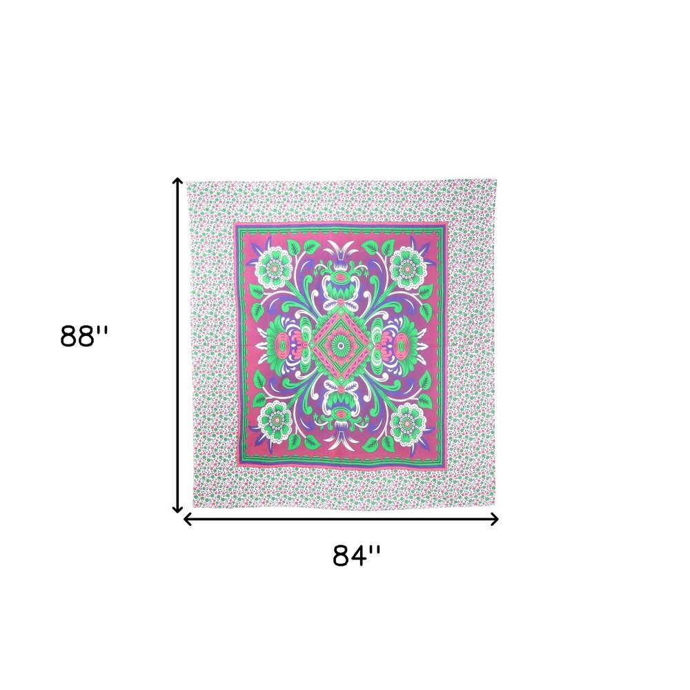 88" X 84" Pink Green And White Floral Cotton Hanging Tapestry