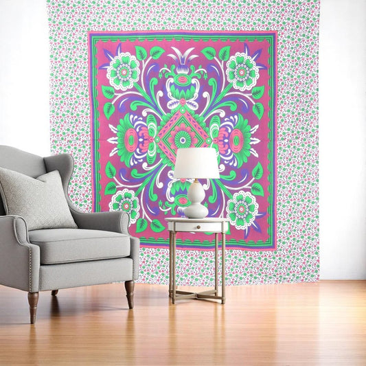 88" X 84" Pink Green And White Floral Cotton Hanging Tapestry
