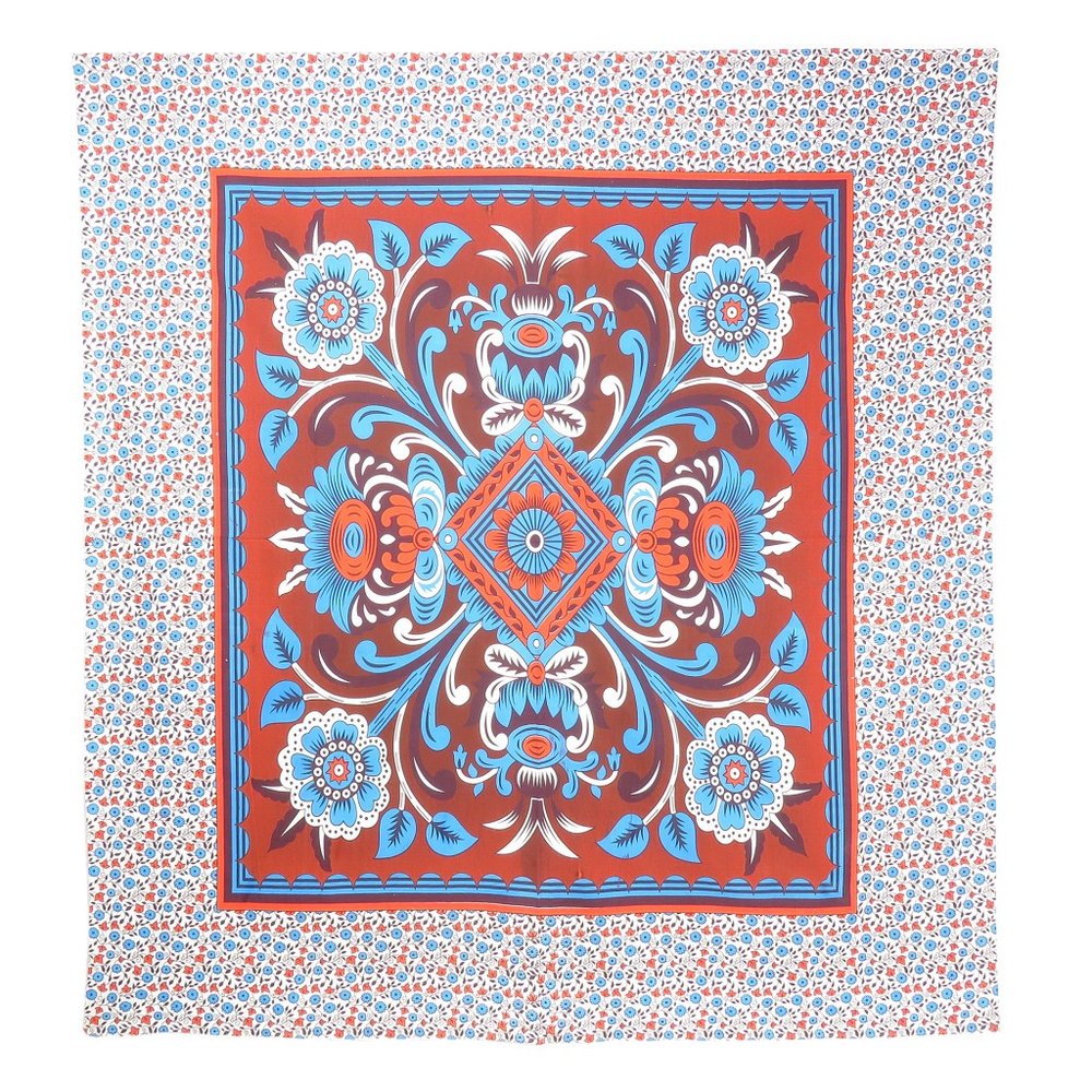 88" X 84" Red Blue And White Floral Cotton Hanging Tapestry