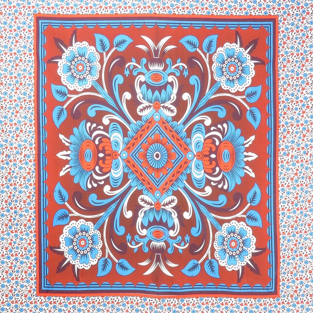88" X 84" Red Blue And White Floral Cotton Hanging Tapestry