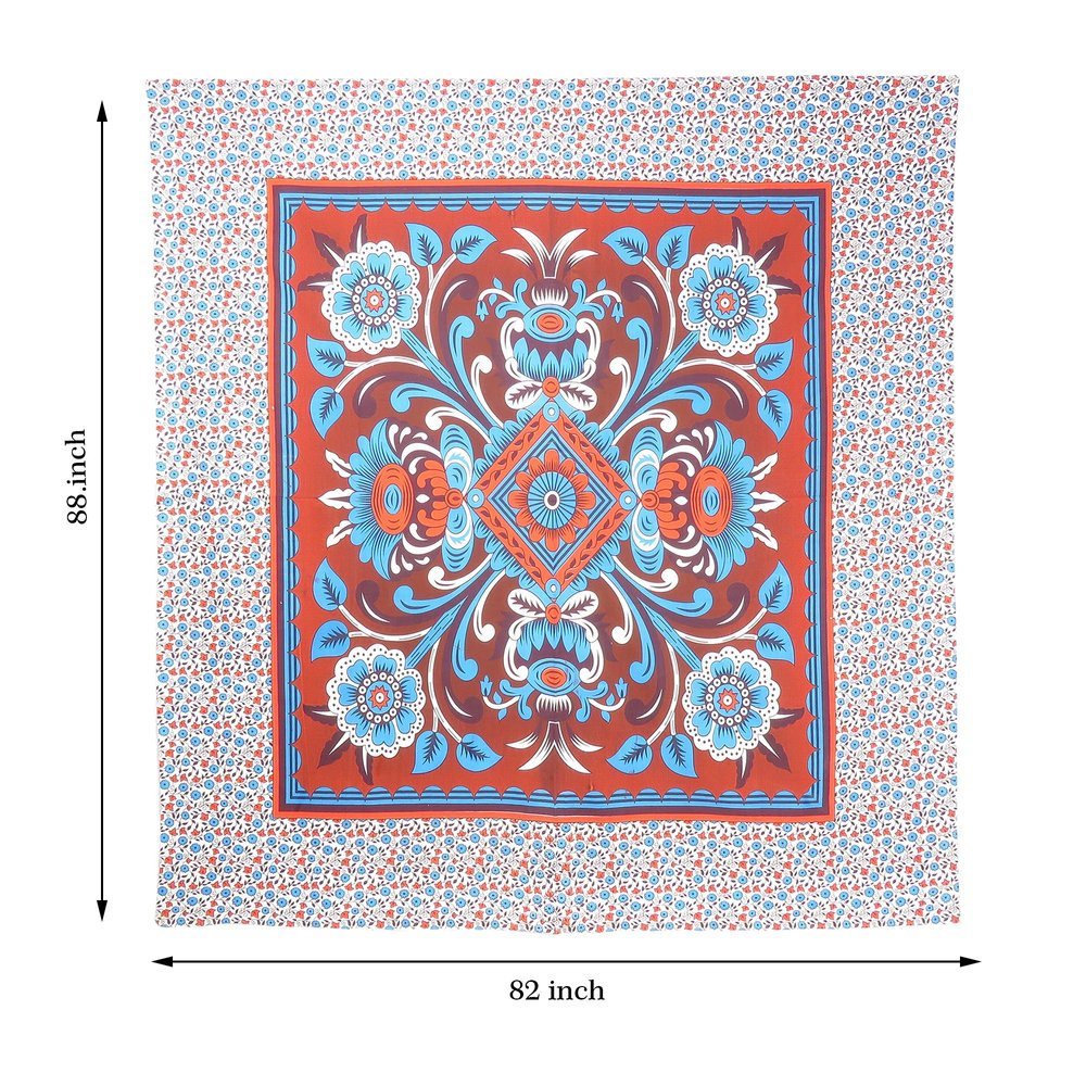 88" X 84" Red Blue And White Floral Cotton Hanging Tapestry