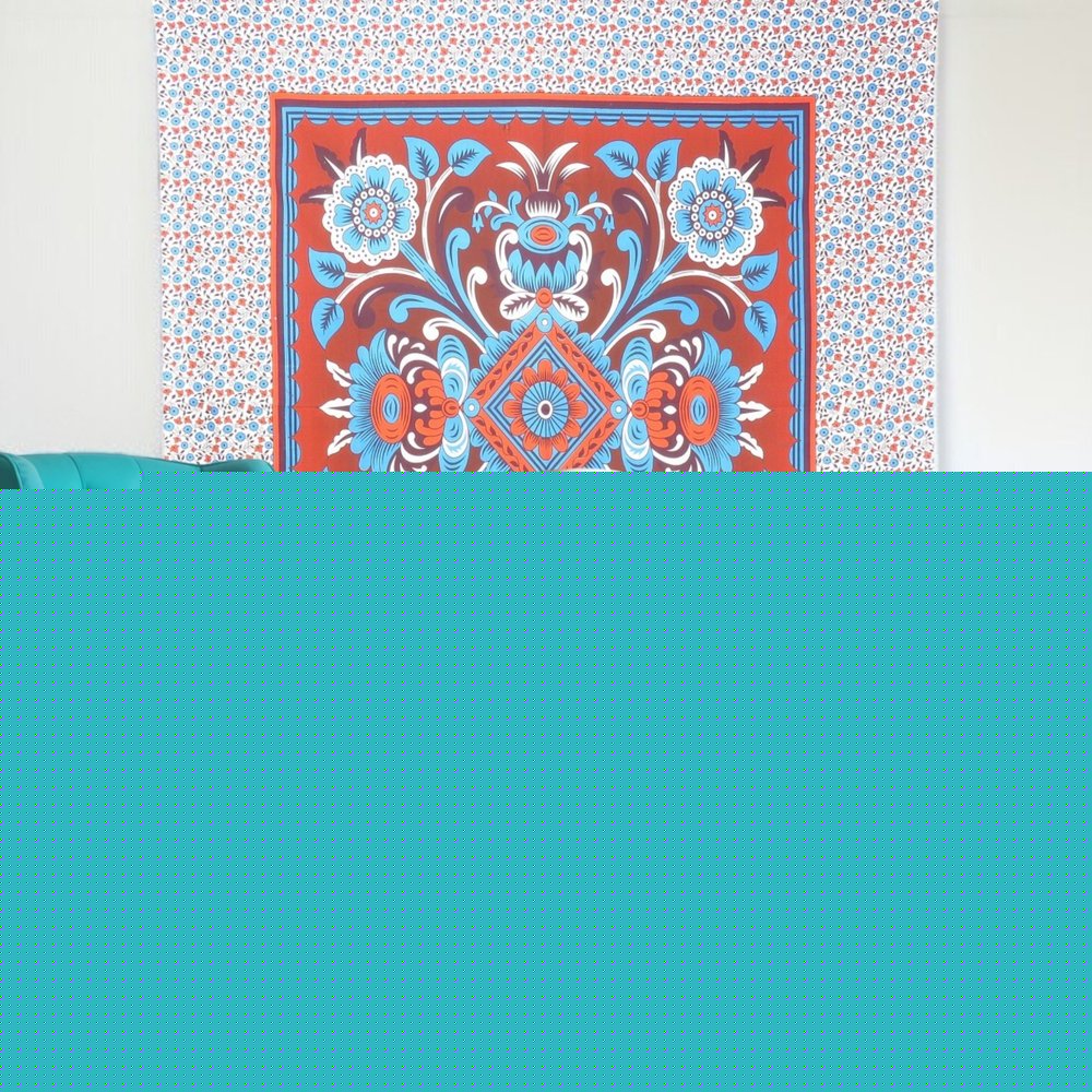 88" X 84" Red Blue And White Floral Cotton Hanging Tapestry