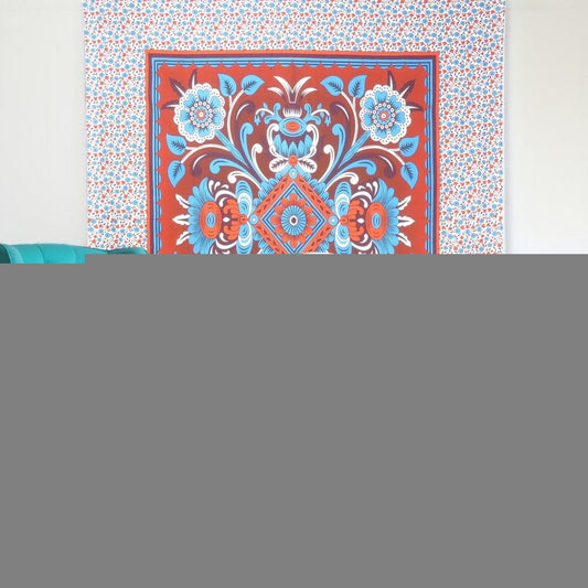 88" X 84" Red Blue And White Floral Cotton Hanging Tapestry