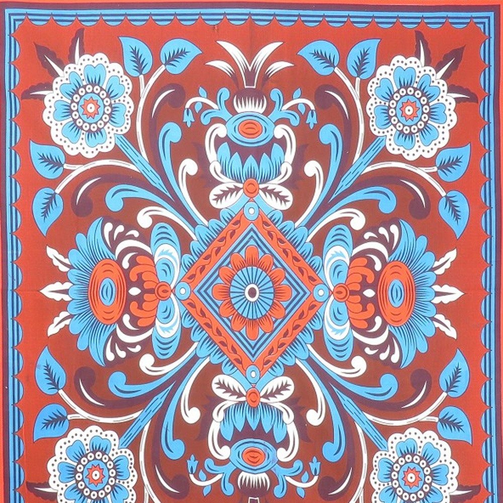 88" X 84" Red Blue And White Floral Cotton Hanging Tapestry
