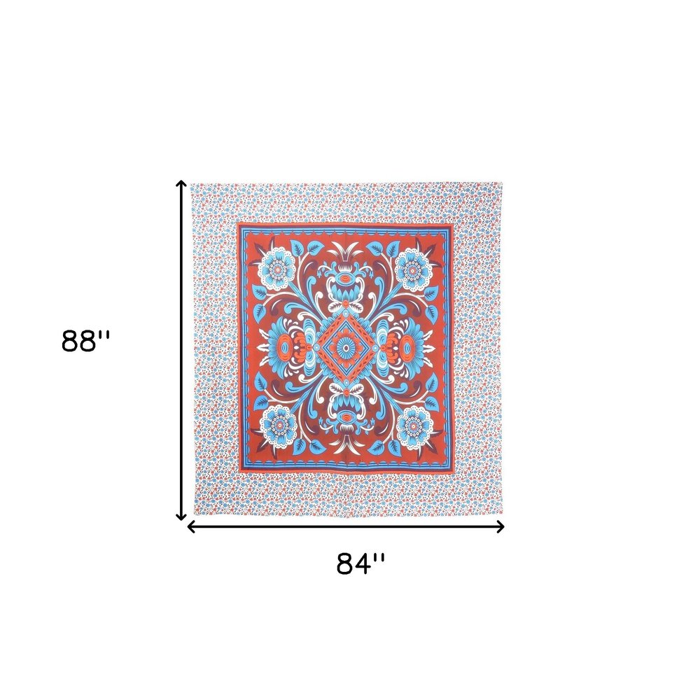 88" X 84" Red Blue And White Floral Cotton Hanging Tapestry