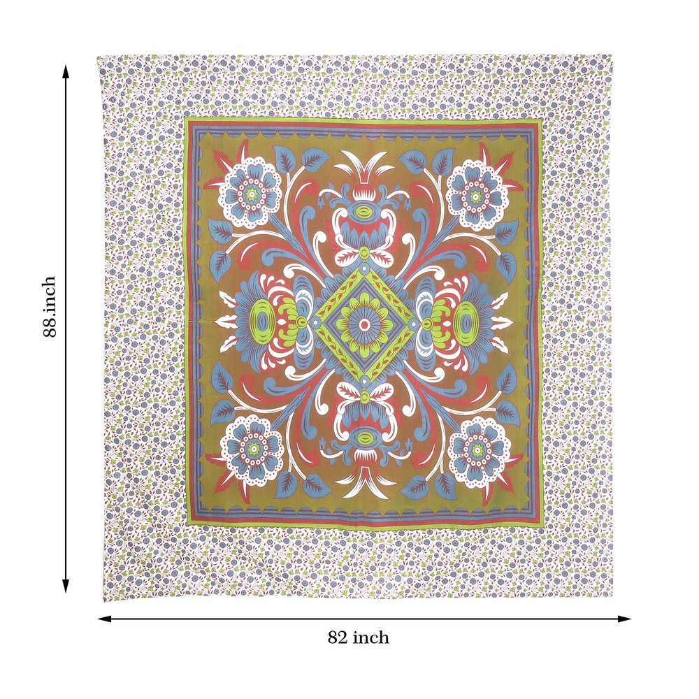 88" X 84" Green Red And White Floral Cotton Hanging Tapestry