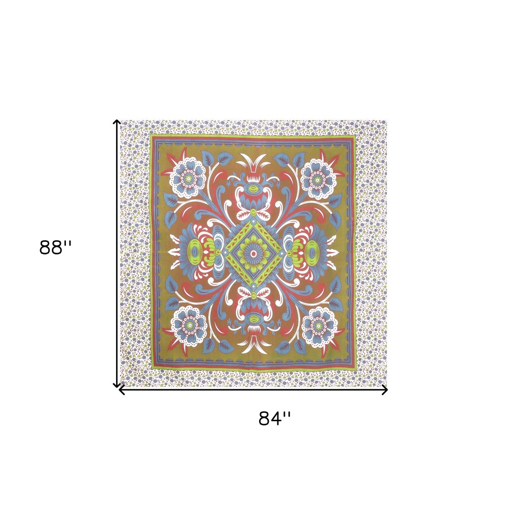 88" X 84" Green Red And White Floral Cotton Hanging Tapestry